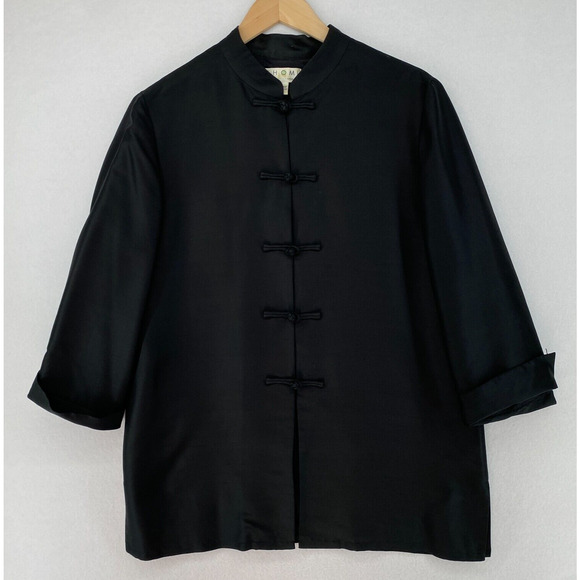 SHOMI BY MILLER SHOR Shirt Womens 12 Silk Mandarin Knot Button Traditional Black - Picture 1 of 16